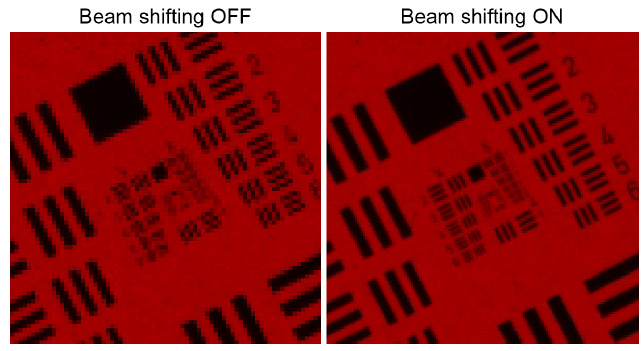 圖 9：（左）在關(guān)閉 BSW-20 的情況下，用彩色相機(jī)的紅色通道拍攝的USAF目標(biāo)。(右圖）開啟 BSW-20 后拍攝的USAF目標(biāo)。橫向分辨率提高了 100%。