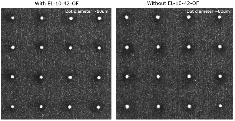 在光束路徑中安裝和不安裝 EL-10-42-OF 時(shí)的打標(biāo)質(zhì)量比較，兩種設(shè)置之間沒(méi)有任何差異